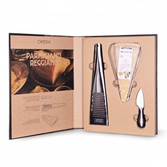 Scatola a Forma di Libro con Grattugia, Coltellino e Parmigiano Reggiano Stagionato 96 Mesi â€“ 300g